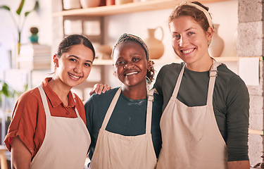 Image showing Pottery, portrait and group of women in workshop, startup or small business for ceramic work. Creative, potter teamwork and people, friends or proud girls in studio or crockery manufacturing store.