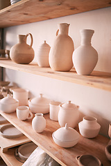 Image showing Backgrounds, shelf and pottery in creative workshop, store and manufacturing startup. Ceramics, collection and display in studio, small business and retail craft market, shop and stock production