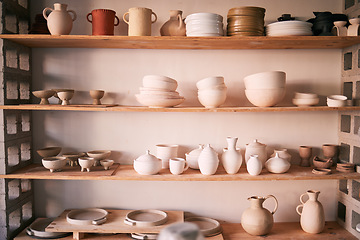 Image showing Pottery backgrounds, ceramics and shelf in studio, creative store or manufacturing startup. Clay products, collection and display in workshop, small business and retail craft shop of stock production