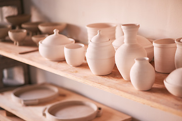 Image showing Ceramics background, shelf and pottery in studio, creative store or manufacturing startup. Clay design, collection and display in workshop, small business and retail craft market of stock production