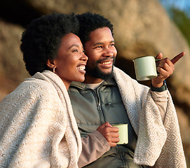 Image showing Relax, pointing and camping with black couple and coffee for wake up, hiking and sunrise. Nature, calm and adventure with man and woman and blanket in nature for trekking, mountaineering or discovery