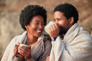 Image showing Relax, smile and camping with black couple and coffee for wake up, hiking and sunrise. Travel, calm and adventure with man and woman and blanket in nature for trekking, mountaineering and discovery