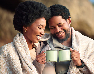 Image showing Relax, toast and camping with black couple and coffee for wake up, hiking and sunrise. Nature, calm and adventure with man and woman and blanket in nature for trekking, mountaineering and discovery