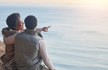 Image showing Travel, ocean and hiking with black couple on mountain with mockup for views on adventure, nature and sunrise. Peace, discovery and expedition with man and woman for trekking, freedom and relax