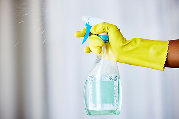 Image showing Woman cleaner, spray chemical and bottle for hygiene, health and safety to stop bacteria in home for wellness. Spring cleaning expert, liquid and product hands with gloves for service in apartment