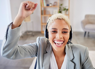 Image showing Winner, success or excited black woman in call center company in celebration of winning a business deal. Smile, remote work or happy insurance agent celebrates reaching sales target, goals or mission