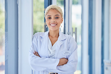 Image showing Happy, smile and portrait of scientist in office for science report, research or project in lab. Success, proud and professional female biologist from Brazil standing with crossed arms in laboratory.