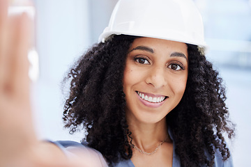 Image showing Selfie, woman and portrait for architecture, engineering and construction for project management. Happy female worker, builder and photo with hardhat, industrial designer and smile face of contractor