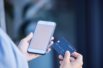 Image showing Credit card, woman hands and mobile phone for ecommerce payment, fintech money and online shopping. Closeup customer, cellphone banking and digital finance of mockup, internet or financial technology