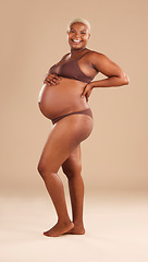 Image showing Pregnant, portrait and black woman isolated on studio background for beauty, skincare and happy abdomen health. Underwear, body and african model or person pregnancy for wellness, care and self love