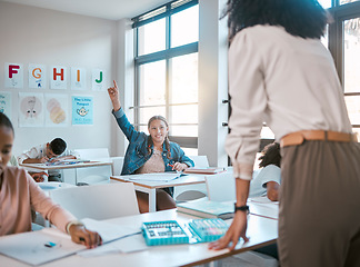 Image showing Question, school and education with a student girl hand raised sitting in a classroom to ask or answer her teacher. Kids, asking and learning with a young female child in class to study for growth