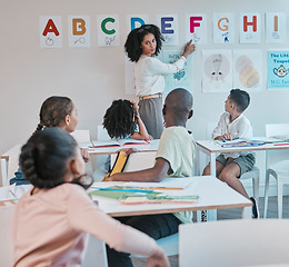 Image showing Teacher, woman and school classroom with kids learning the alphabet and answer a question. Assessment, learners and tutor teaching information for child development in a class for education