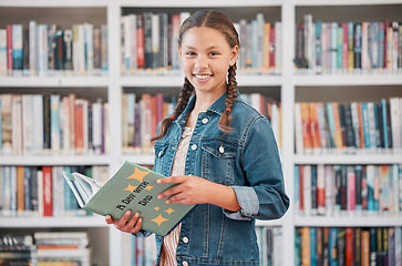 Image showing Portrait, books or girl reading in library for knowledge, education or development for future growth. Scholarship, focus or young student with a happy smile studying or learning information at school