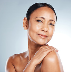 Image showing Face, mature woman and content in portrait with healthy skin and antiaging skincare isolated on gradient background. Natural cosmetics, wellness and beauty in studio with clean organic cosmetic care