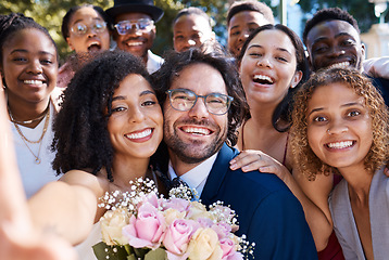 Image showing Wedding, selfie and happy friends and family celebrating love of groom and bride at a ceremony or event. Group, portrait and excited smiling people taking picture or photo with newlyweds outdoors