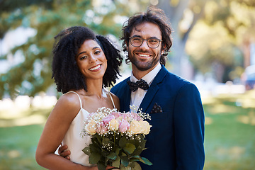 Image showing Couple portrait, wedding and nature park marriage celebration event for bride and groom together. Married interracial man and woman outdoor with trust, partnership and a hug with flower bouquet