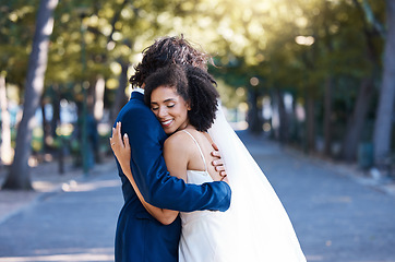 Image showing Happy couple, wedding and hug outdoor for marriage celebration together with love. Married man and woman at park with trust, partnership and commitment with care and gratitude for life partner