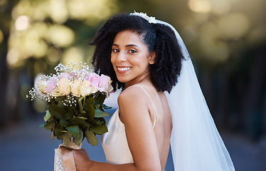 Image showing Bride, face and black woman with wedding and rose bouquet, happy in portrait with marriage and commitment outdoor. Event, celebration and happiness with smile in park married and Spring fashion