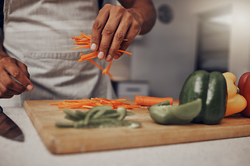 Image showing Man hands, vegetables and cooking in kitchen for healthy nutrition, food diet and organic salad meal. Young male, chef hand and green vitamins lifestyle or cook dinner on kitchen counter in home