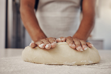 Image showing Chef hands and dough press for baking preparation work, production and process of man at culinary counter. Restaurant worker in professional kitchen preparing bread, cake or pizza recipe.