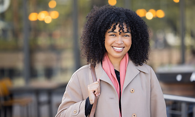 Image showing Travel, city and portrait of black woman with smile enjoying morning, freedom and urban commute in London. Business, success and happy girl with positive mindset, future vision and mission in town