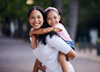 Image showing Portrait, mother piggyback child in park, family with fun day outdoor and happy people together in nature. Love, care and comfort with hug, bonding and content with woman and girl with adventure