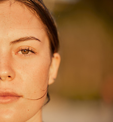 Image showing Beach, peace and half portrait of a woman in nature for freedom, calm and sunset in Bali. Relax, life and face of a girl at the sea for zen, vacation and travel with bokeh mockup space in summer