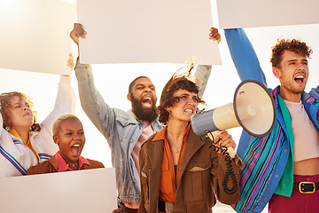 Image showing Lgbt protest, megaphone and group of people in city for activism, human rights and equality in society. Freedom, diversity and lgbtq community crowd with mockup billboard space for social movement