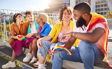 Image showing Diversity, happy and lgbtq with friends in city for freedom, gay pride and equality with human rights. Inclusion, sexuality and community with group of people for love, acceptance or identity support