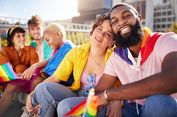 Image showing Lgbt, city and portrait of couple of friends with rainbow flag for support, queer celebration and parade. Diversity, lgbtq community and group of people enjoy freedom, happiness and pride identity