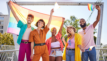 Image showing Friends, city and happy lgbt people with rainbow flag for support, queer celebration and parade for solidarity. Diversity, lgbtq community and group enjoy freedom, happiness and pride identity