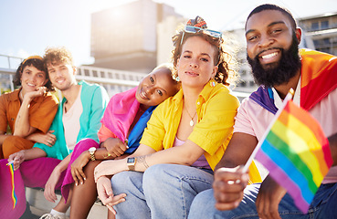 Image showing Friends, city and portrait of lgbt people with rainbow flag for support, queer celebration and parade for solidarity. Diversity, lgbtq community and group enjoy freedom, happiness and pride identity