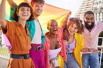 Image showing Portrait, rainbow and flag with a friends outdoor together for diversity, gay pride or freedom. Support, lgbt and human rights with a man and woman friend group standing outside for equality