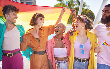 Image showing Festival, city and happy lgbt friends with rainbow flag for support, queer celebration and parade for solidarity. Diversity, lgbtq community and people enjoy freedom, happiness and pride identity