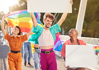 Image showing People, protest and march for LGBTQ billboards for gay, lesbian or bisexual sexuality together in the city. Happy group of homosexual women and men walking in street with posters and rainbow flags