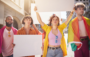 Image showing Mockup poster, lgbt protest and crowd walking in city street for activism, human rights and equality. Freedom, justice and people in lgbtq community with copy space on billboard for social movement