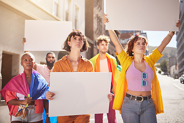 Image showing Lgbt revolution, protest and people with poster walking in city street for freedom, human rights and equality. Society, justice and lgbtq community crowd with mockup billboard space for social change