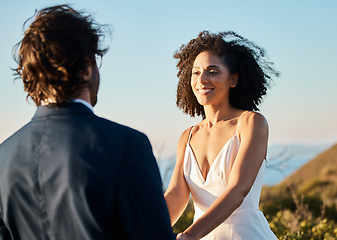 Image showing Wedding, smile and couple holding hands at beach in Hawaii on special day in summer. Love, romance and groom groom happy bride in luxury designer dress at outdoor marriage ceremony on tropical island