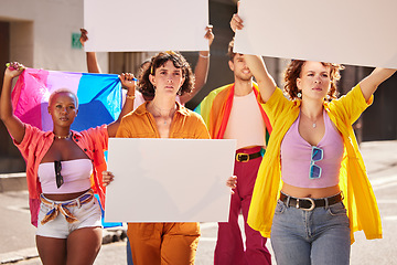 Image showing Lgbt protest, billboard mockup and people walking in city street for activism, human rights and equality. Freedom, diversity and lgbtq community crowd with copy space on poster for social movement