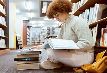 Image showing College learning, library and book reading with laptop of a black woman student on the ground. Education research, bookshelf and books of a young female looking studying for a school test or exam