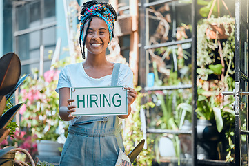 Image showing Hiring sign, recruitment and onboarding with black woman in portrait, small business and entrepreneur with smile. Flower shop, florist and entrepreneurship, job opportunity and interview application