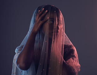 Image showing Black woman, veil and fashion with creative, fabric and elegance with girl on dark studio background. African American female, lady and cover with textile, design and material for aesthetic style