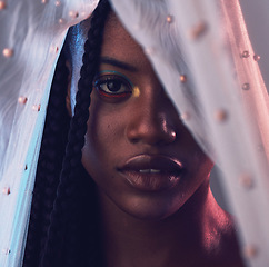 Image showing Portrait, beauty and makeup with a model black woman in studio on a gray background covered with fabric. Face, cosmetics and textile with an attractive young female posing to promote natural skin