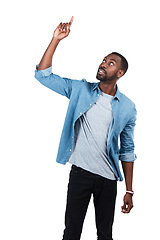 Image showing Idea, mockup and pointing up with black man for question, product and deal choice. Target, solution and sales with isolated guy and hand gesture for discount, decision or planning in white background
