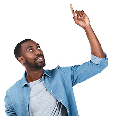 Image showing Idea, mockup and pointing with portrait of black man for question, product and deal choice. Gesture, promo and goal with isolated guy for offer, decision and planning in white background studio