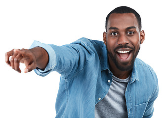 Image showing Portrait, black man and pointing for decision, smile and guy isolated on white studio background. Face, Nigerian male person and gentleman with gesture for product placement, choice and wow backdrop