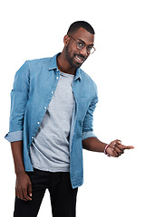 Image showing Happy, mockup and pointing with portrait of black man and idea for question, product or deal choice. Promotion, smile and offer with isolated guy for goal, decision or planning in white background
