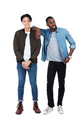 Image showing Trendy men and friends portrait in studio of full body in edgy, cool and casual person fashion. Happy interracial friendship of young people together in isolated white background with smile.