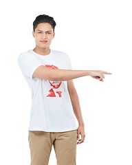 Image showing Idea, mockup and pointing with portrait of asian man for question, product and deal choice. Target, solution and sales with isolated guy for gesture, space and planning in white background studio