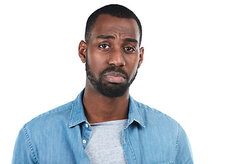 Image showing Sad, depression and portrait of a serious black man isolated on a white background in studio. Anxiety, unhappy and face of an African man with a beard, problem and style on a studio background